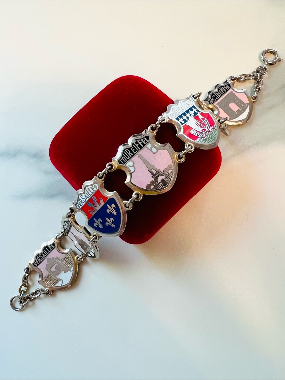 Vintage Paris Enamel and Silver Plated Shield Bracelet Souvenir